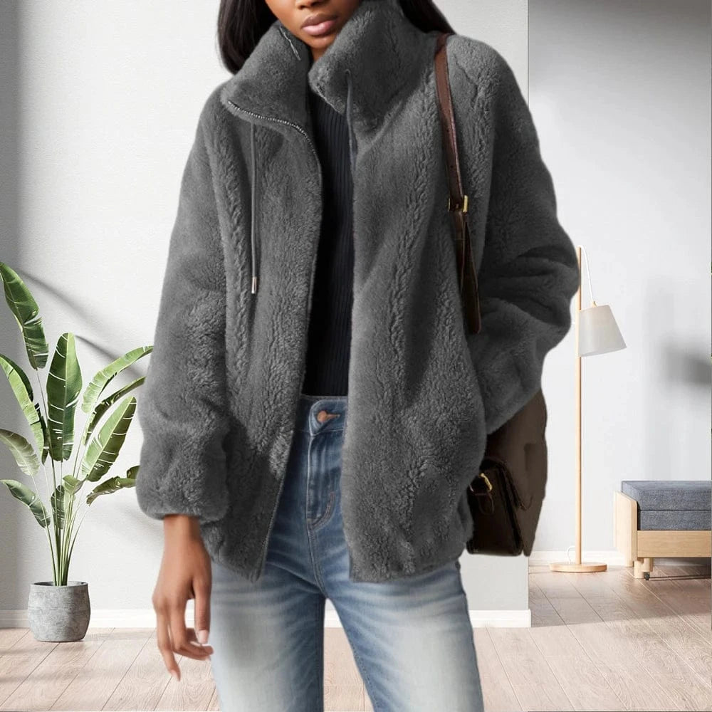 3 XL / Gray D1201ME53 Autumn Winter Coat Fleece Shaggy Warm Cropped Plus Size Fur Coat Overcoat Zipper Outwear Sehefashion