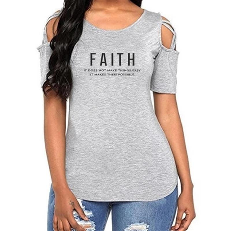 3 XL / Gray New Fashion faith Print Bandage Off Shoulder T Shirt For Women Tshirt Plus Size Tops Femme Harajuku Female T-shirt