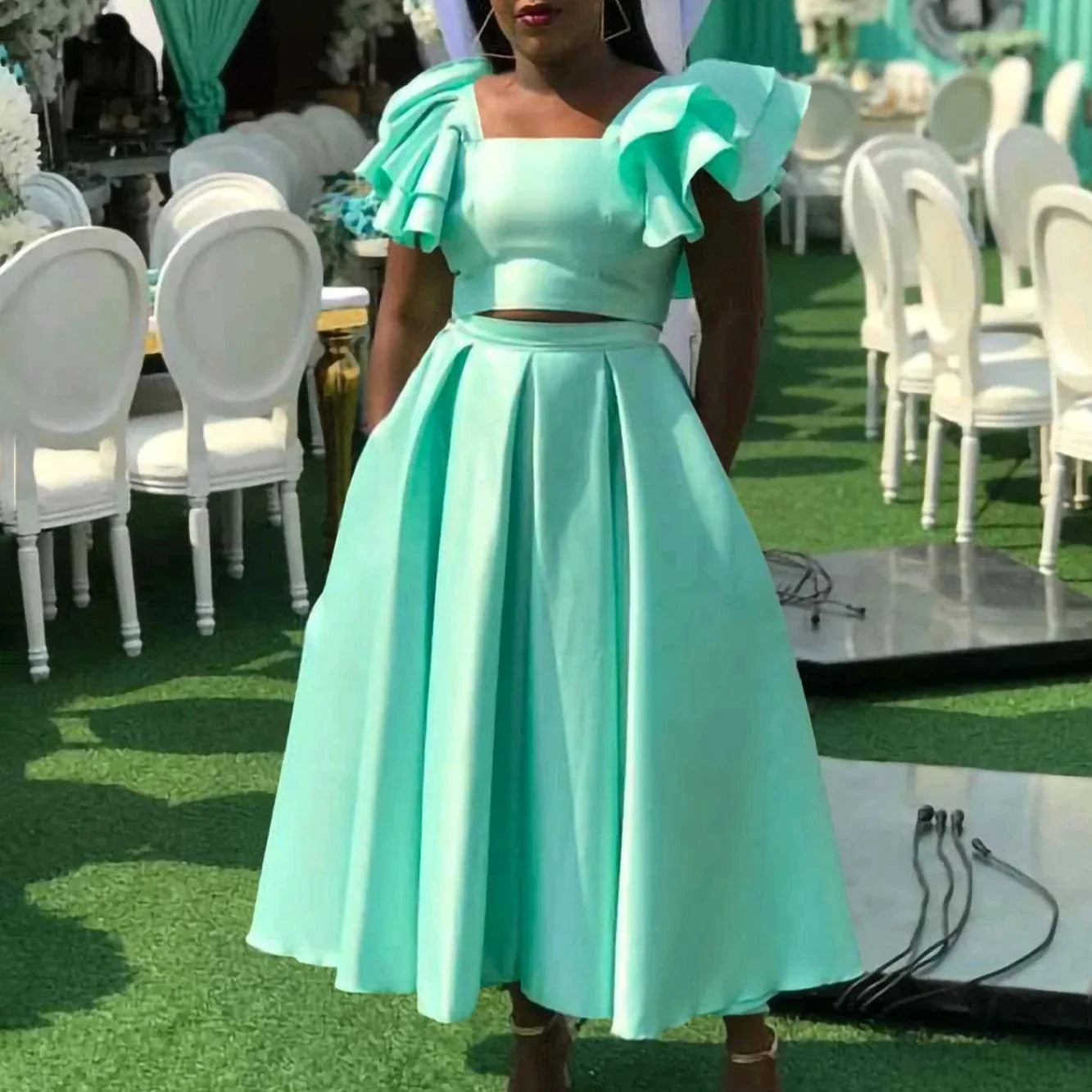 3 XL / green J&H Latest Design Two Piece Set Women Clothing Ruffle Sleeve Square Neck Top A-line Skirt Set Two Piece Outfits For Women