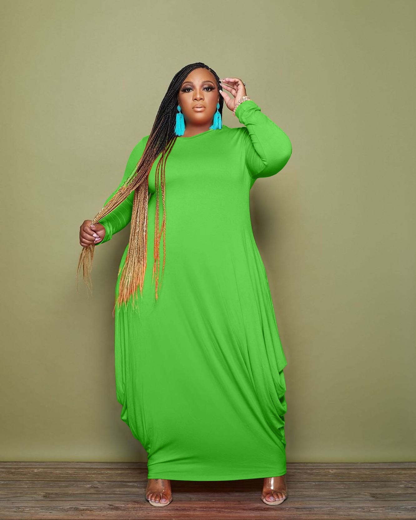 3 XL / Green SQ-90091 Plus Size New Autumn And Winter Women'S Clothing Irregular Solid Color Women Full Sleeve Dress