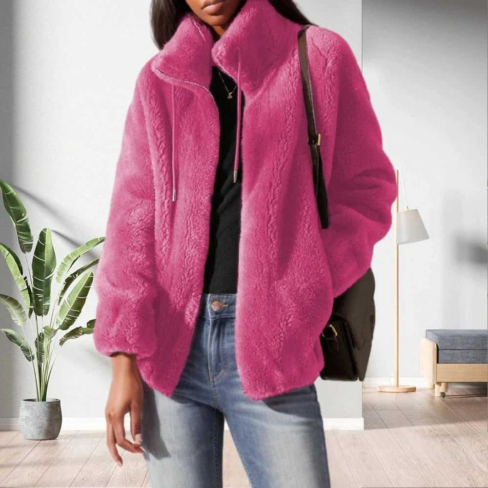 3 XL / hot pink D1201ME53 Autumn Winter Coat Fleece Shaggy Warm Cropped Plus Size Fur Coat Overcoat Zipper Outwear Sehefashion