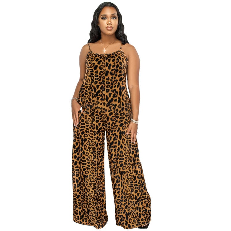 3 XL / Khaki Wholesale Plus Size Strap Cheetah Print Womens Jumpsuit Leopard Print Wide Leg Jumpsuit Leopard Oversized Jumpsuits For Women