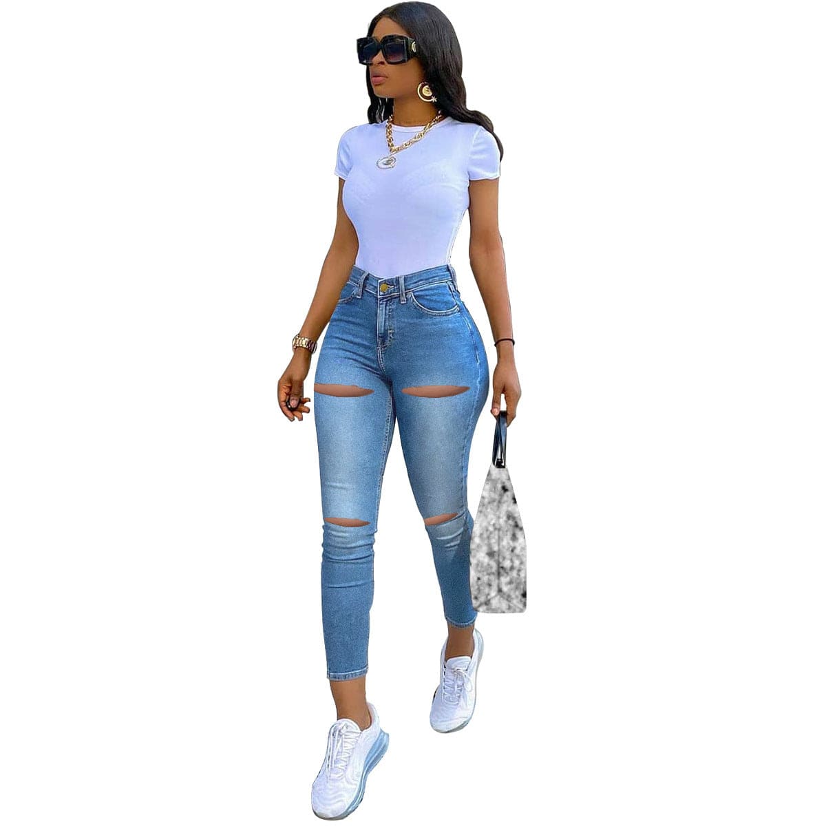 3 XL / Light Blue PD9371 Ripped Hole Jeans 2023 New Arrivals Stretch Pencil Pants High Waist Slim Fit Street Wear Denim Jeans Mujer