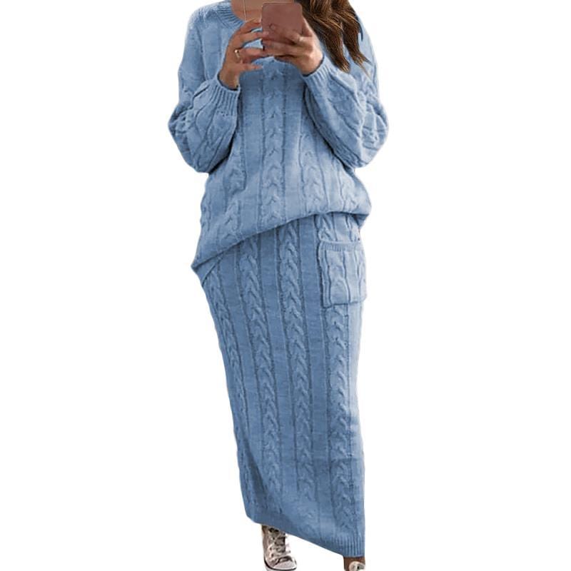 3 XL / Light Blue S-5XL Plus Size Women Clothing Lady Sweater 2 Pieces Set Casual Oversized Cable Knit Two Piece Sweater Skirt Dress Set Women