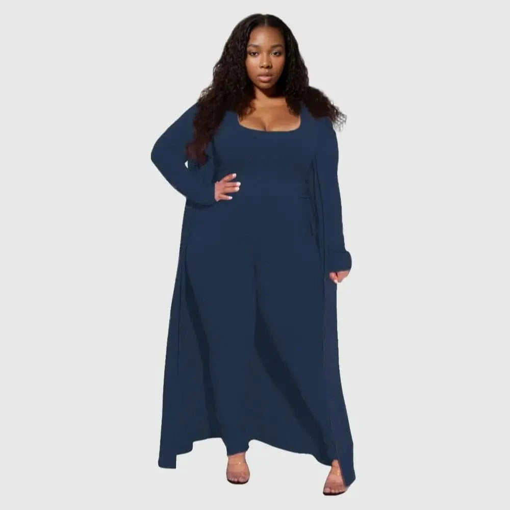 3 XL / NAVY E0110ME14 New Design Plus Size Loungwear Ribbed Good Stretch 3 Piece Basic Clothing Sets Women Sehe Fashion