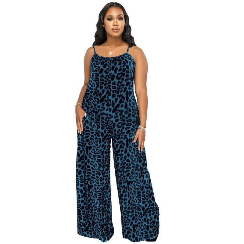3 XL / NAVY Wholesale Plus Size Strap Cheetah Print Womens Jumpsuit Leopard Print Wide Leg Jumpsuit Leopard Oversized Jumpsuits For Women