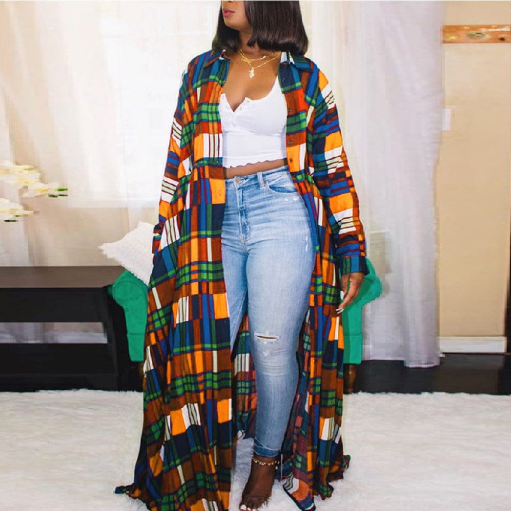 3 XL / Orange C1104ME26 Street Style Plus Size Casual Plaid Print Loose Shirt Long Dress Women Sehe Fashion