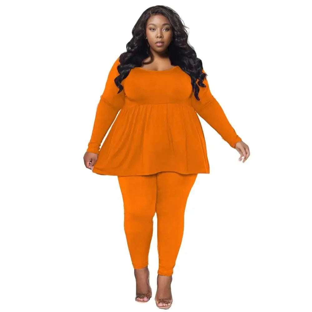 3 XL / Orange E0110ME13 New Trend Plus Size High Waist Long Sleeve Outfit 2 Piece Jogging Pants Set For Women Sehe Fashion