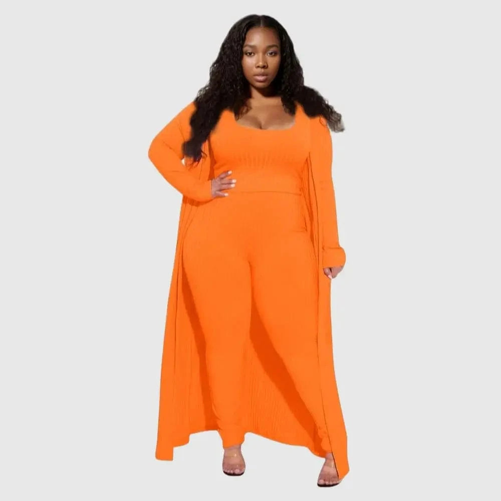 3 XL / Orange E0110ME14 New Design Plus Size Loungwear Ribbed Good Stretch 3 Piece Basic Clothing Sets Women Sehe Fashion
