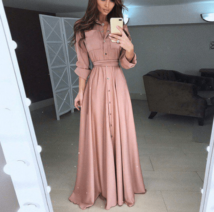 3 XL / Pink 5 colors 8 yards ladies party slim dresses female long-sleeved button dress lace up long dress for women