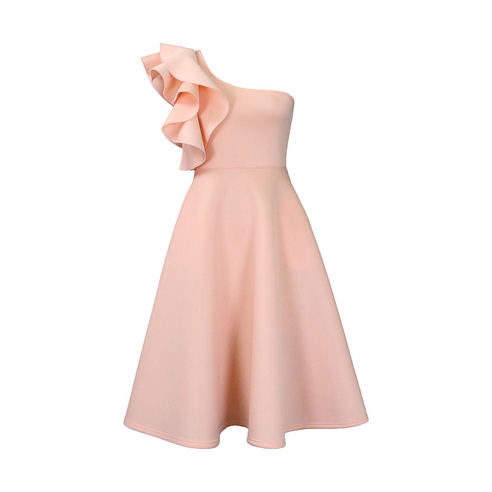 3 XL / Pink C1102ME72 Dropshipping Elegant One Shoulder Ruffles Solid Color A-Line Dress Women Sehe Fashion