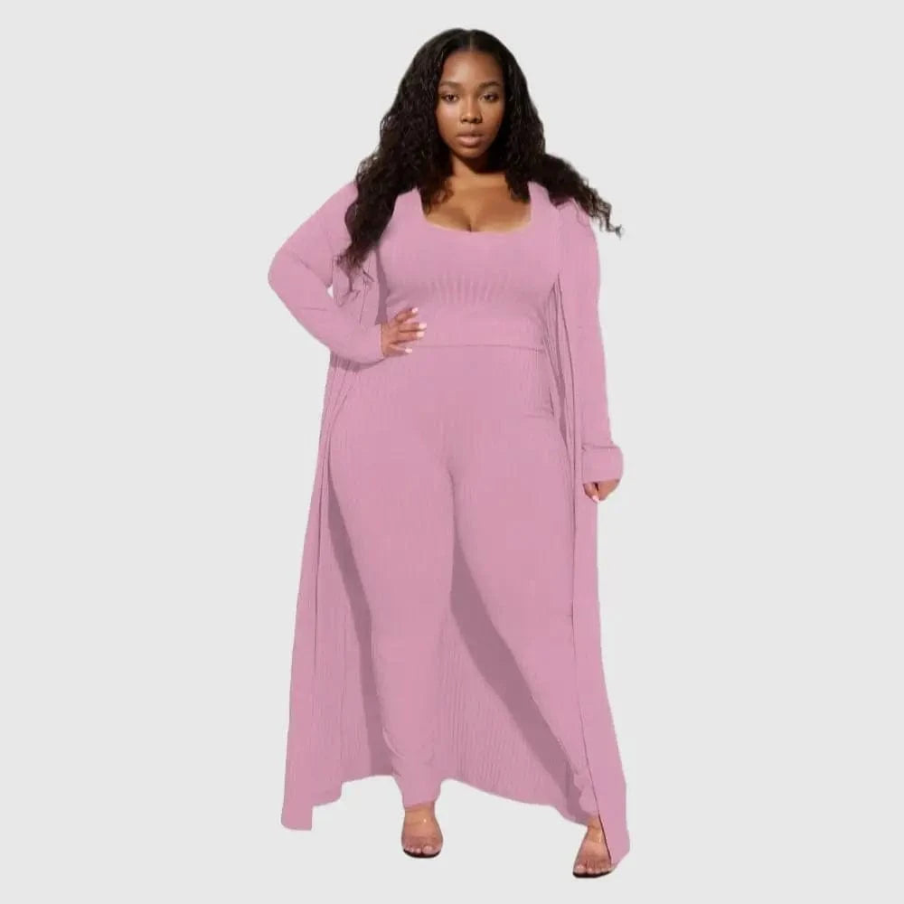 3 XL / Pink E0110ME14 New Design Plus Size Loungwear Ribbed Good Stretch 3 Piece Basic Clothing Sets Women Sehe Fashion