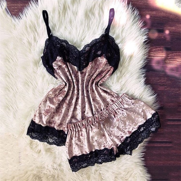 3 XL / Pink Women Velvet Lace Sleepwear Pajamas Sexy Sleeveless Camisole With Shorts Lingerie Two Piece Summer Nightwear