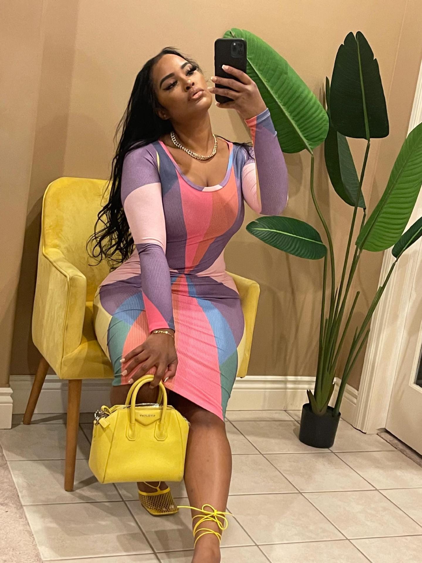 3 XL / Purple chic plus size color block bodycon dress ladies casual fitted long sleeve ribbed midi dress