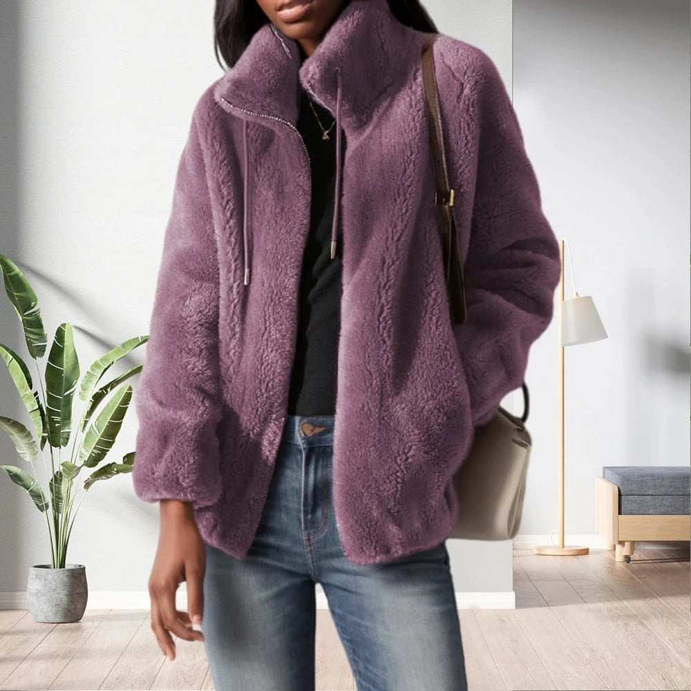 3 XL / Purple D1201ME53 Autumn Winter Coat Fleece Shaggy Warm Cropped Plus Size Fur Coat Overcoat Zipper Outwear Sehefashion