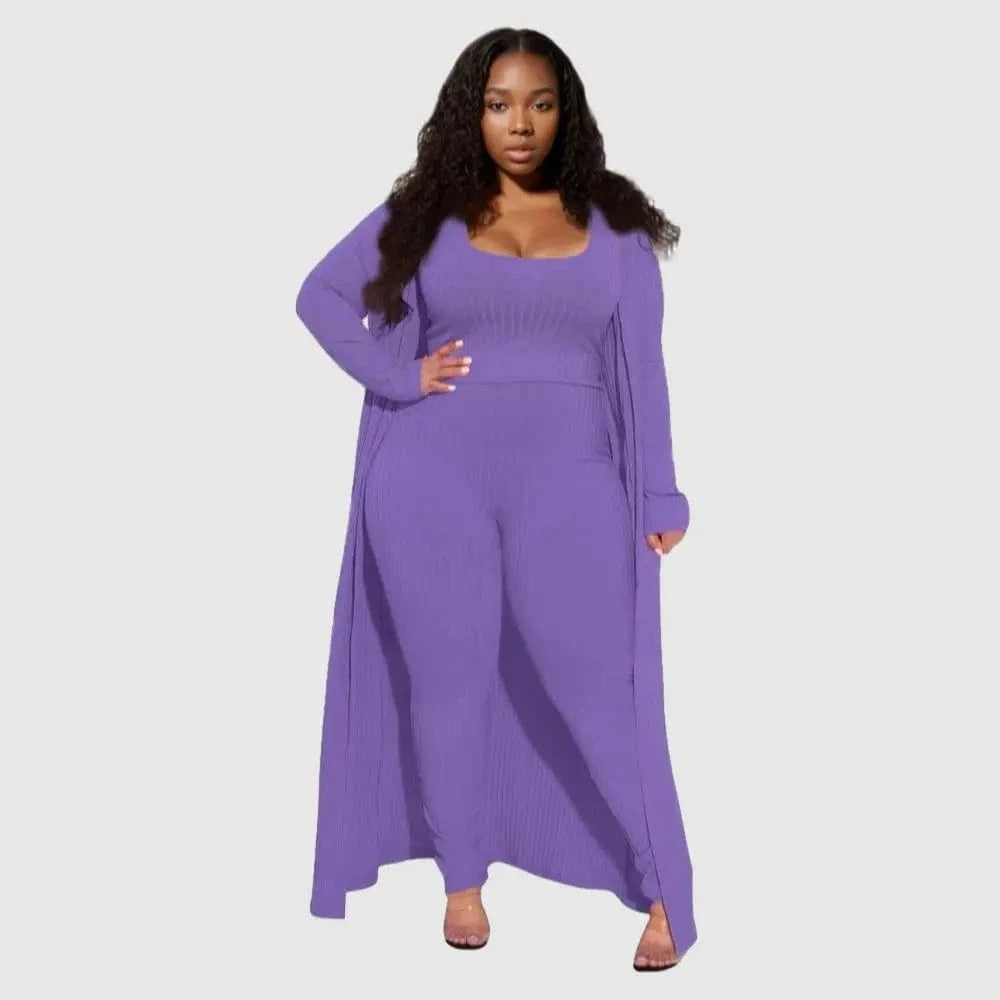 3 XL / Purple E0110ME14 New Design Plus Size Loungwear Ribbed Good Stretch 3 Piece Basic Clothing Sets Women Sehe Fashion