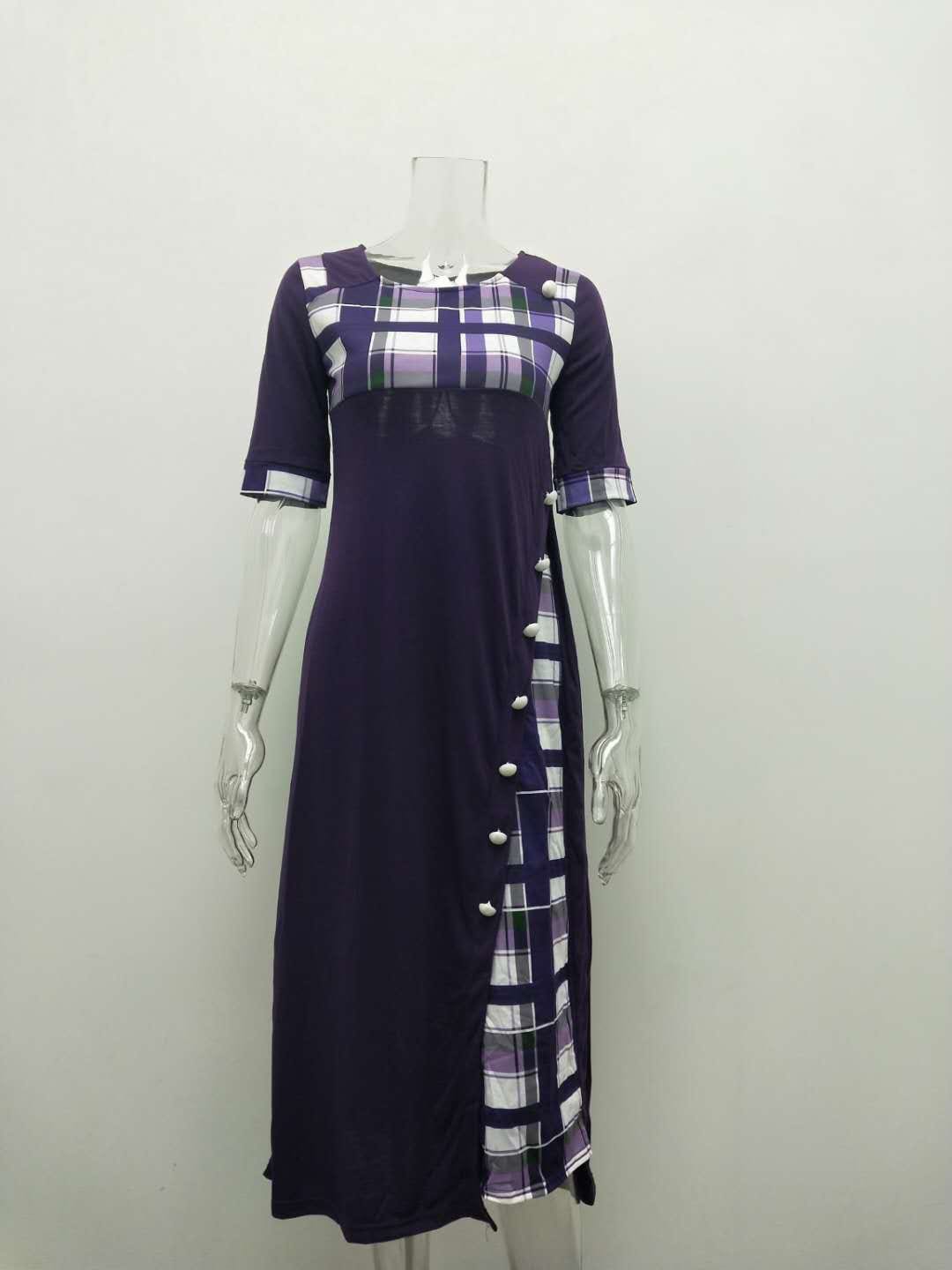 3 XL / Purple New women's contrast color mid-sleeve irregular dresses long dress plaid printing women's dress for boutique