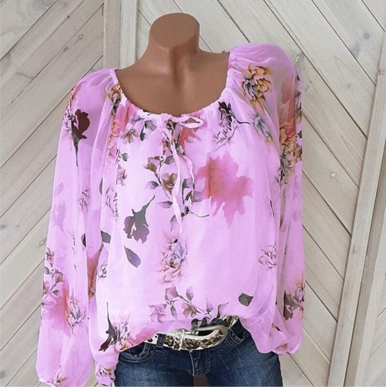 3 XL / Purple S-5XL Summer Women's Fashion Plus Size Long Sleeve Crew Neck Floral Print Chiffon Shirt blouse