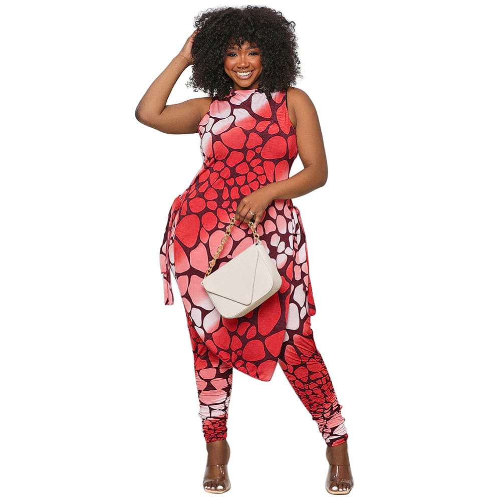 3 XL / Red 2023 Fashion Sleeveless Printed Plus Size Irregularity Slit Woman Two Piece Set Clothing