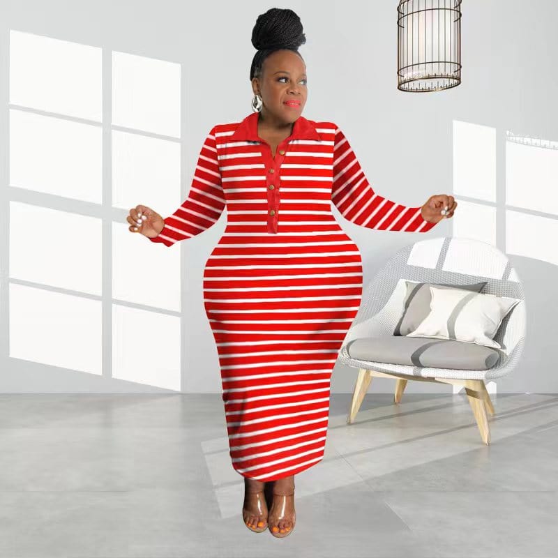 3 XL / Red African Women Plus Size Striped Long Dress Evening Bodycon Cocktail Prom Gown Party
