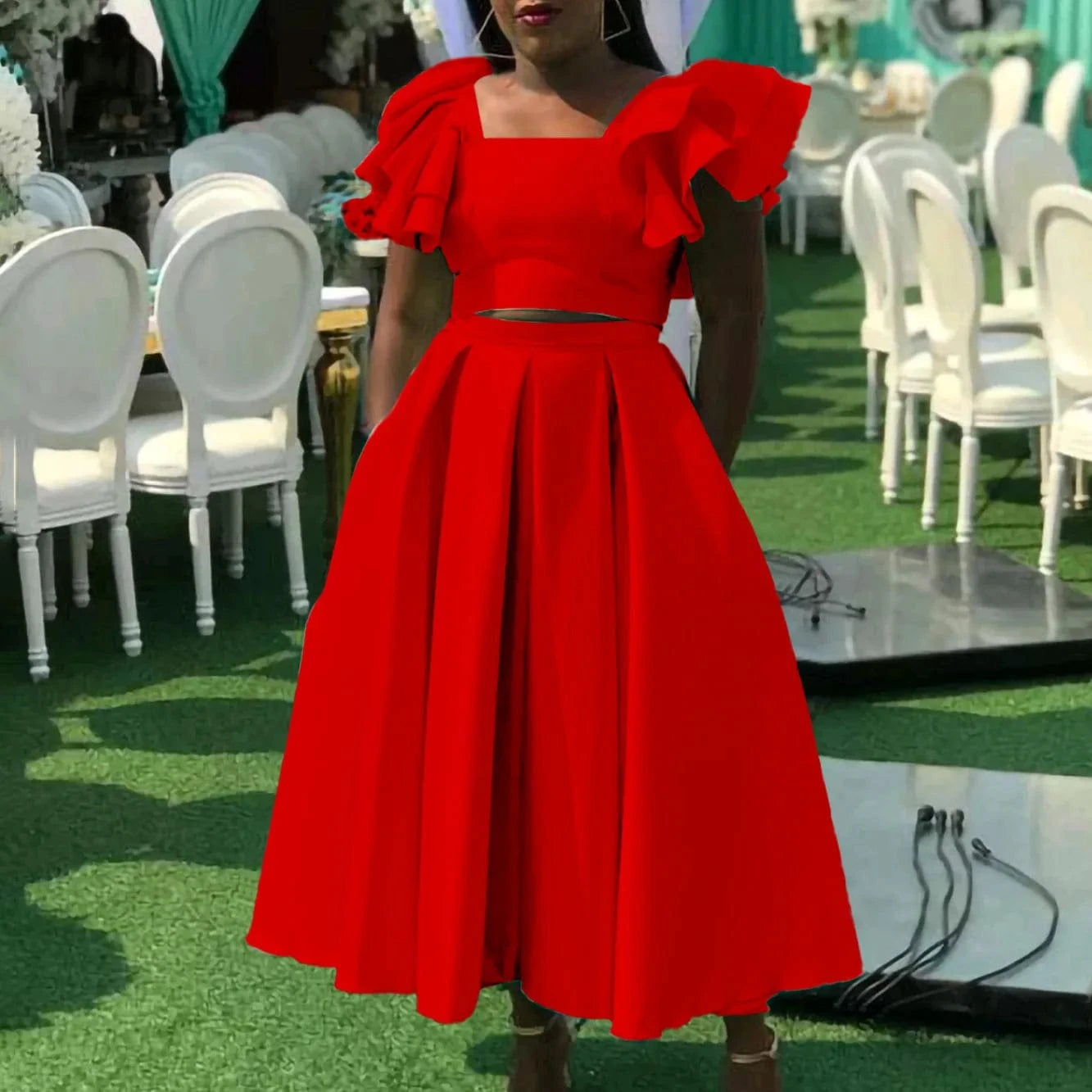 3 XL / Red J&H Latest Design Two Piece Set Women Clothing Ruffle Sleeve Square Neck Top A-line Skirt Set Two Piece Outfits For Women