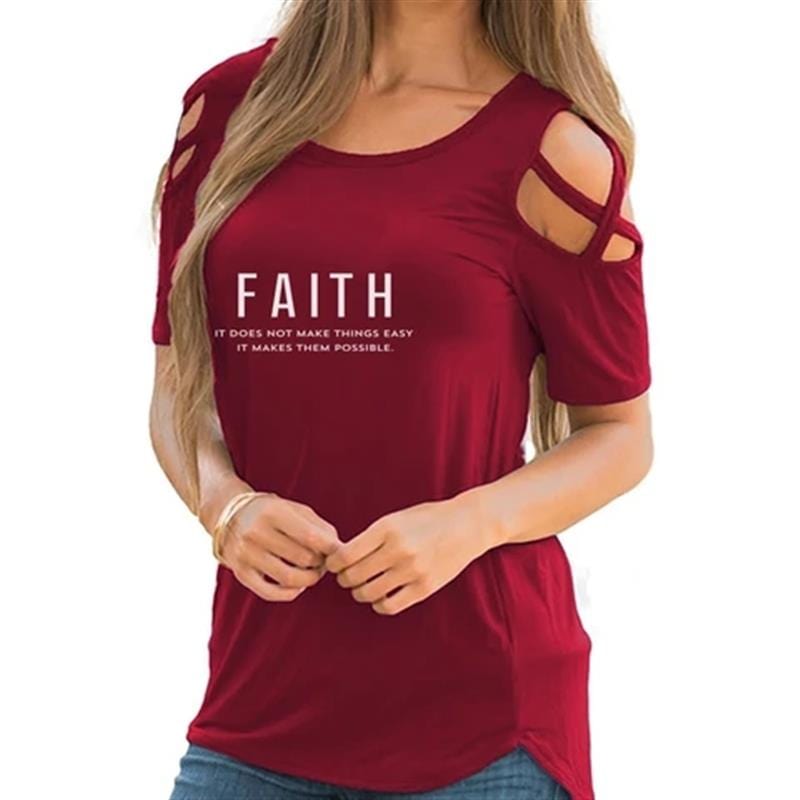 3 XL / Red New Fashion faith Print Bandage Off Shoulder T Shirt For Women Tshirt Plus Size Tops Femme Harajuku Female T-shirt
