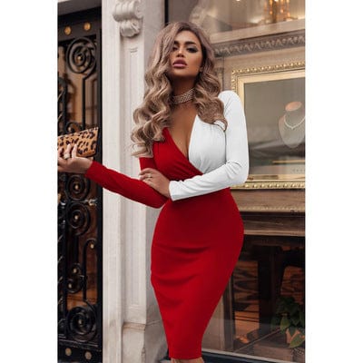 3 XL / red+white Woman Spring Dress Long Sleeve Party Dress Deep V Neck Bodycon Dresses Fashion Black White Color Matching Office Lady Bodycon
