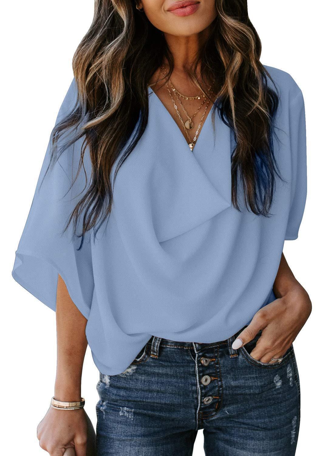 3 XL / Sky Blue 2022 Summer Women New Fashion V-neck Short Sleeve Chiffon Solid Casual Tops T-Shirt Clothing Women's Top