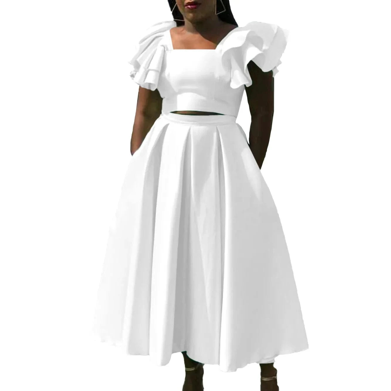 3 XL / White J&H Latest Design Two Piece Set Women Clothing Ruffle Sleeve Square Neck Top A-line Skirt Set Two Piece Outfits For Women