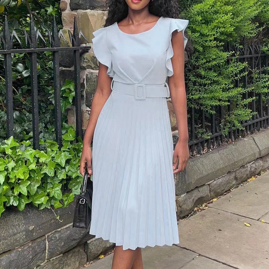 3 XL / White J&H new arrivals 2023 solid color pleat casual dress women elegance ruffled plain dress with belt fashionable plus size dress