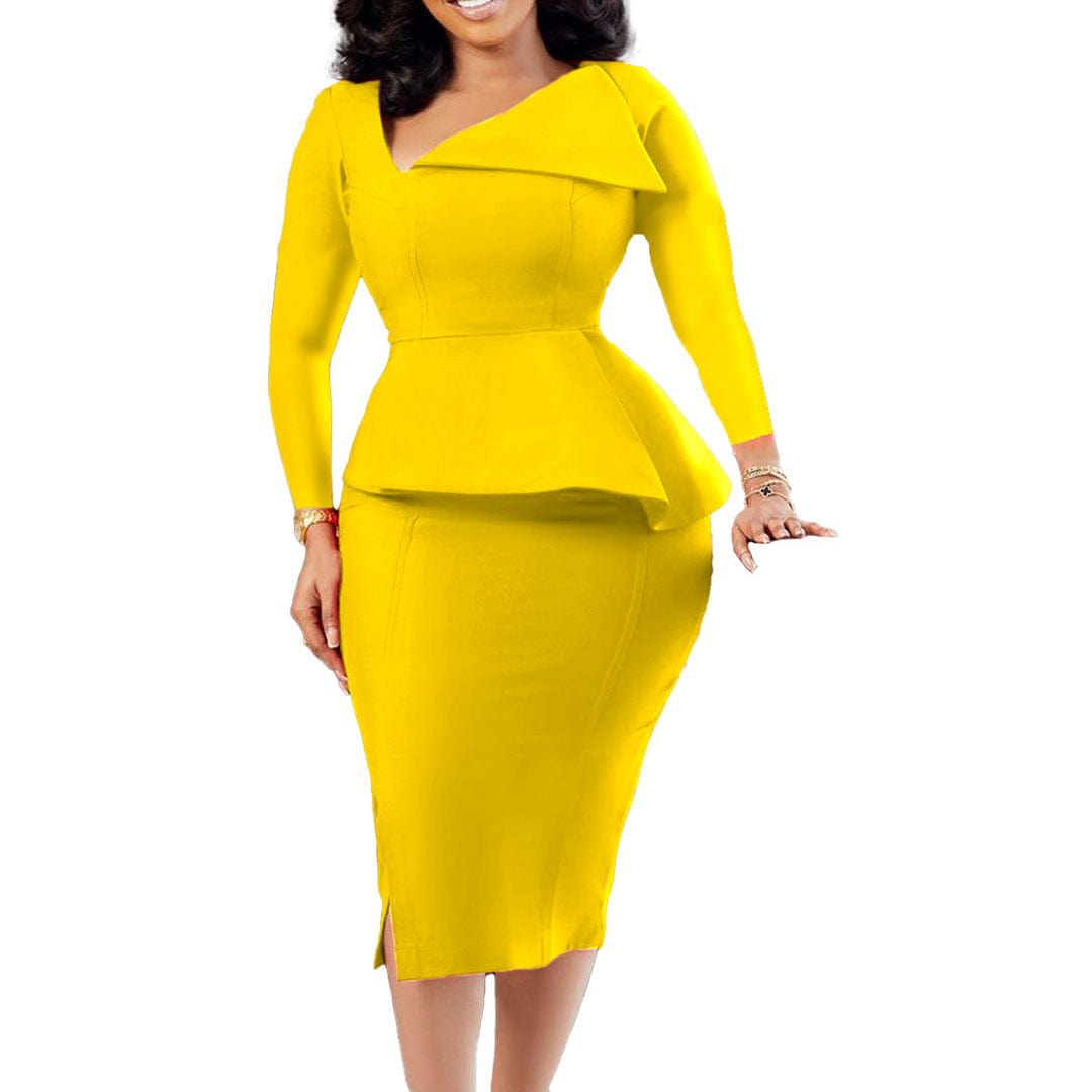 3 XL / Yellow C1102ME67 High Quality Casual Solid Color Ruffles Office Bodycon Dress Women Sehe Fashion