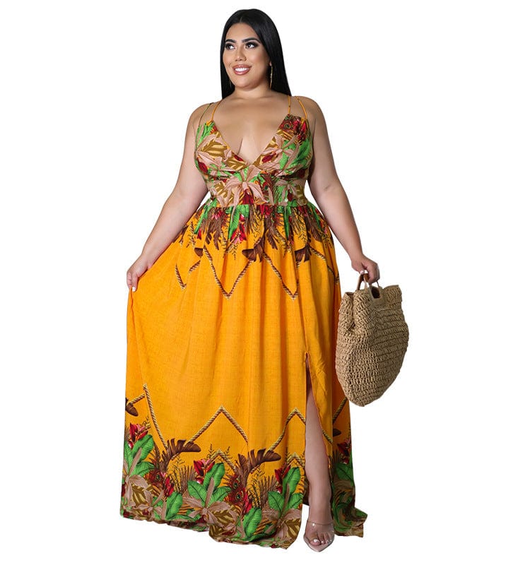 3 XL / Yellow DM28163 2022 new arrival plus size flower printing v neck babydoll maxi standard suspender skirt sleeveless women dress