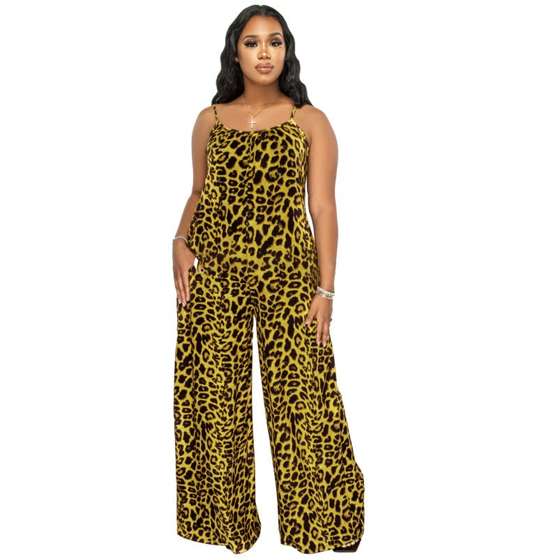 3 XL / Yellow Wholesale Plus Size Strap Cheetah Print Womens Jumpsuit Leopard Print Wide Leg Jumpsuit Leopard Oversized Jumpsuits For Women