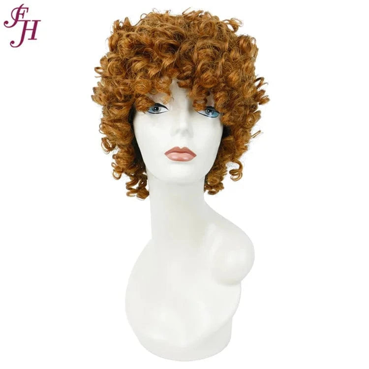 #30 FH Best Quality Raw Virgin Human Hair Wig No Lace Short Brown Curly Wig 100% Human Hair Machine Made Wig With Bang
