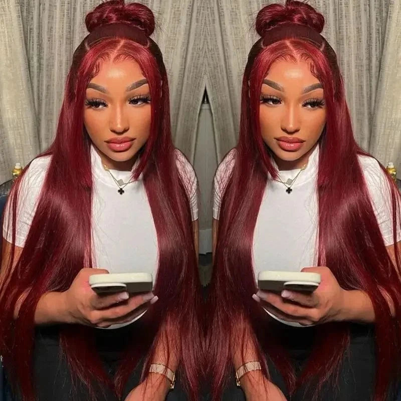 30 Inch 99j Burgundy Lace Front Wig Bone Straight Human Hair Wigs For Women Pre Plucked Colored Hd Transparent Lace Frontal Wig