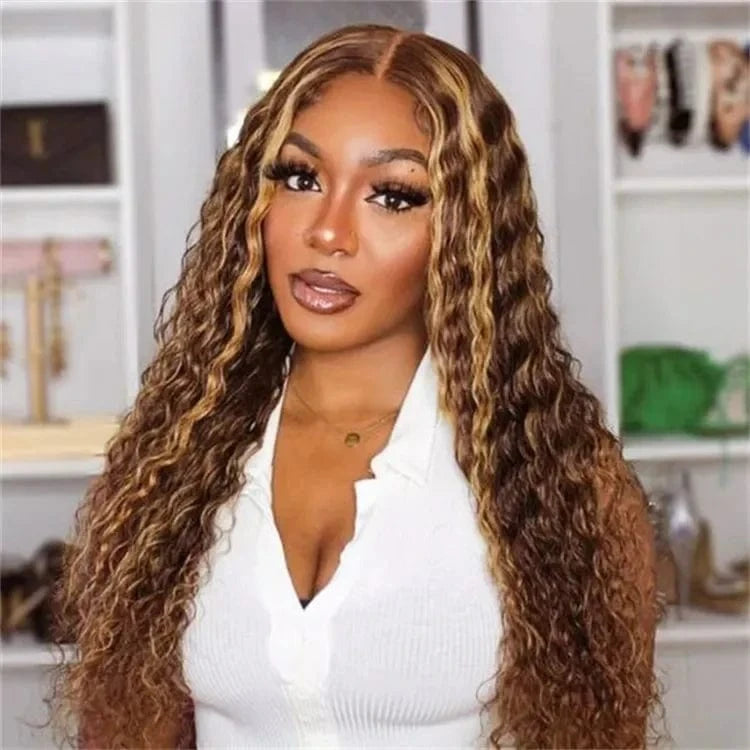 30 Inches / 13x6 transparent Highlight Ombre Brown Curly Human Hair Wigs HD Transparent Lace Front Wig Honey Blond Deep Wave Lace Front Wigs for Black Women