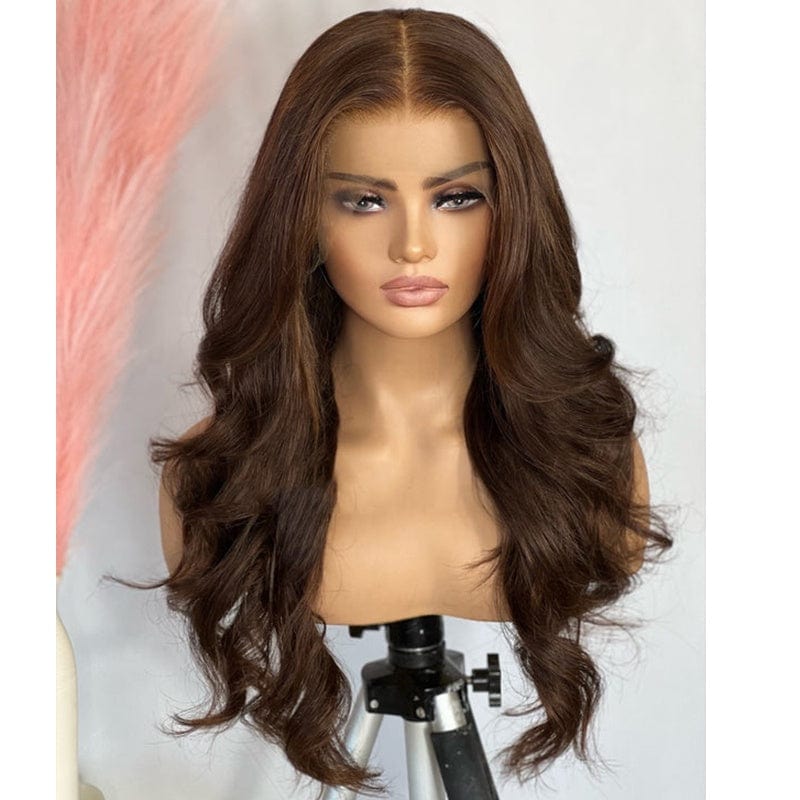 30 Inches / as pic color 130Density Dark Golden Brown Body Wave Lace Frontal Human Hair Wig for Women Peruvian Remy with Baby Hair Glueless13X4 Lace Front Wig
