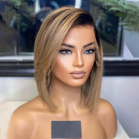 30 Inches / as pic color 250Density Silky Straight Short Bob 13x4 Lace Front Wigs Ombre Honey Blonde 1B27 Indian Remy Human Hair Short Wave Bob Wigs With Baby Hair