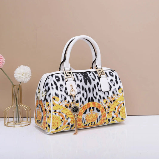 30X15X20.5CM / White Famous Brand Top Quality Leather Leopard Print Boston Bags Women Genuine Leather Handbags Cosmetic Bag Handbags for Women Luxury