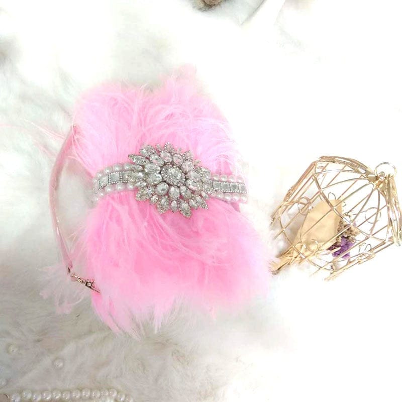 30X30X5CM / Pink Fashion Ladies Diamond Clutch Tote Bag with Ostrich Feather Shoulder Purse Wedding Clutch  Fur Bags For Woman