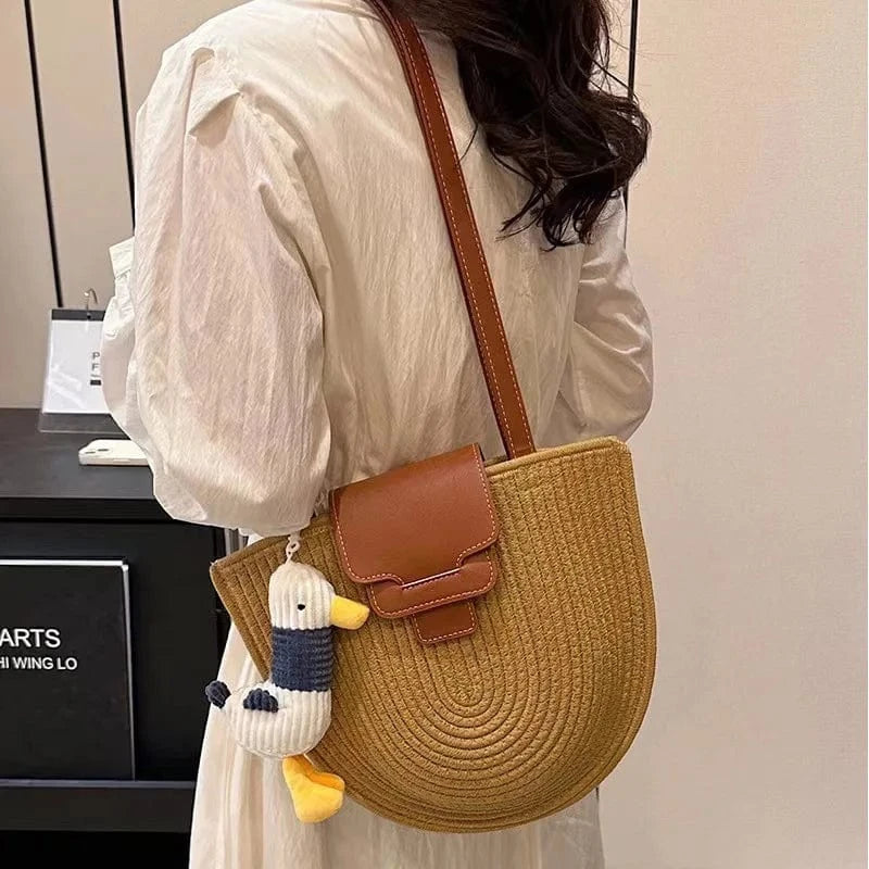 31*26*8cm / Khaki Women Casual Straw Woven Bag Lady Vocation PU Belted Cover Bucket Shoulder Bag Female Summer Outdoor Shopping Handbags
