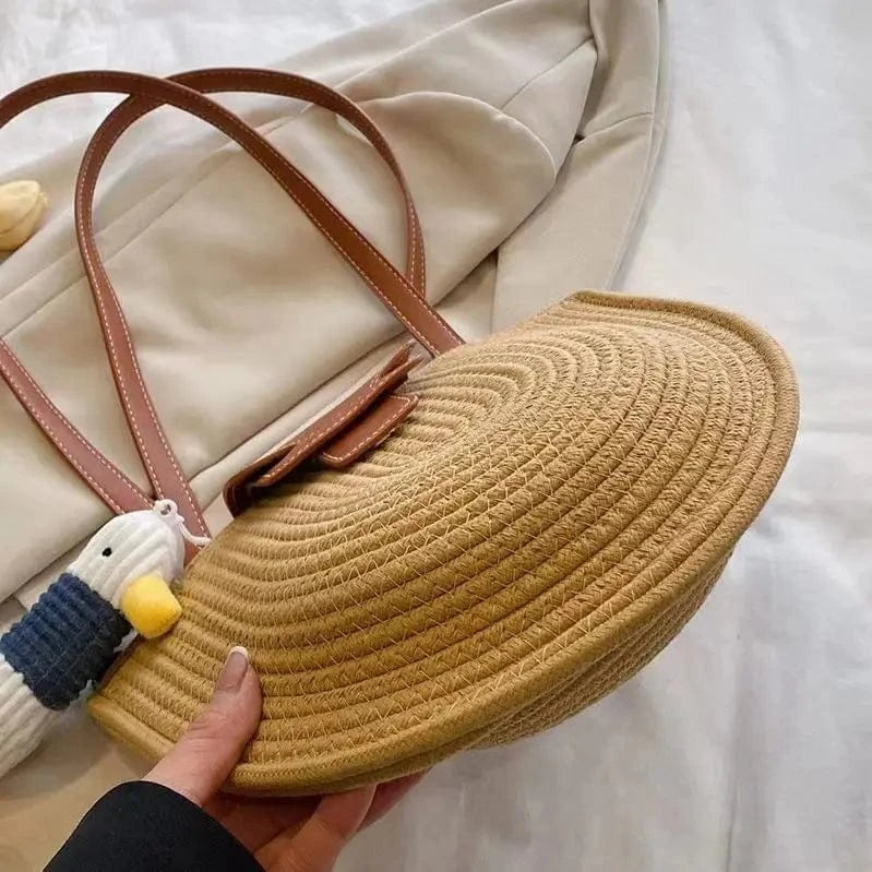 31*26*8cm / Khaki Women Casual Straw Woven Bag Lady Vocation PU Belted Cover Bucket Shoulder Bag Female Summer Outdoor Shopping Handbags