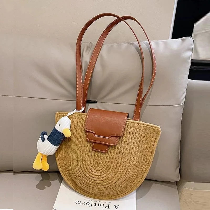 31*26*8cm / Khaki Women Casual Straw Woven Bag Lady Vocation PU Belted Cover Bucket Shoulder Bag Female Summer Outdoor Shopping Handbags