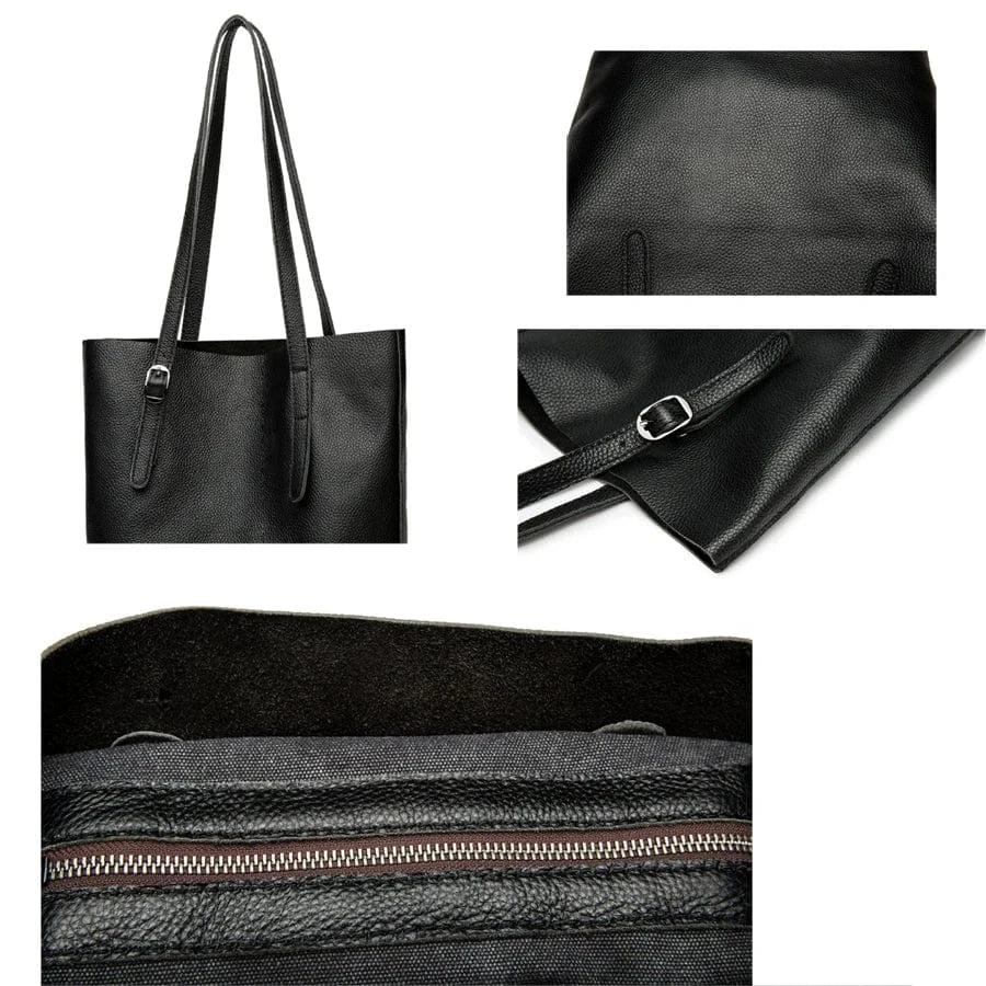 32*37*28cm&26*32cm / Black Shoulder Bag Women Genuine Leather Lady Shopping Handbag Female Student Classical Simple Fashion Shopper Casual Totes(Two bag)