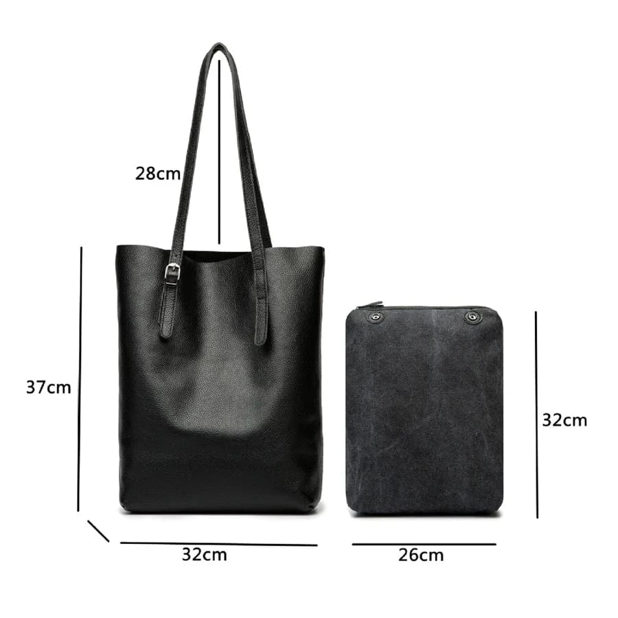 32*37*28cm&26*32cm / Black Shoulder Bag Women Genuine Leather Lady Shopping Handbag Female Student Classical Simple Fashion Shopper Casual Totes(Two bag)