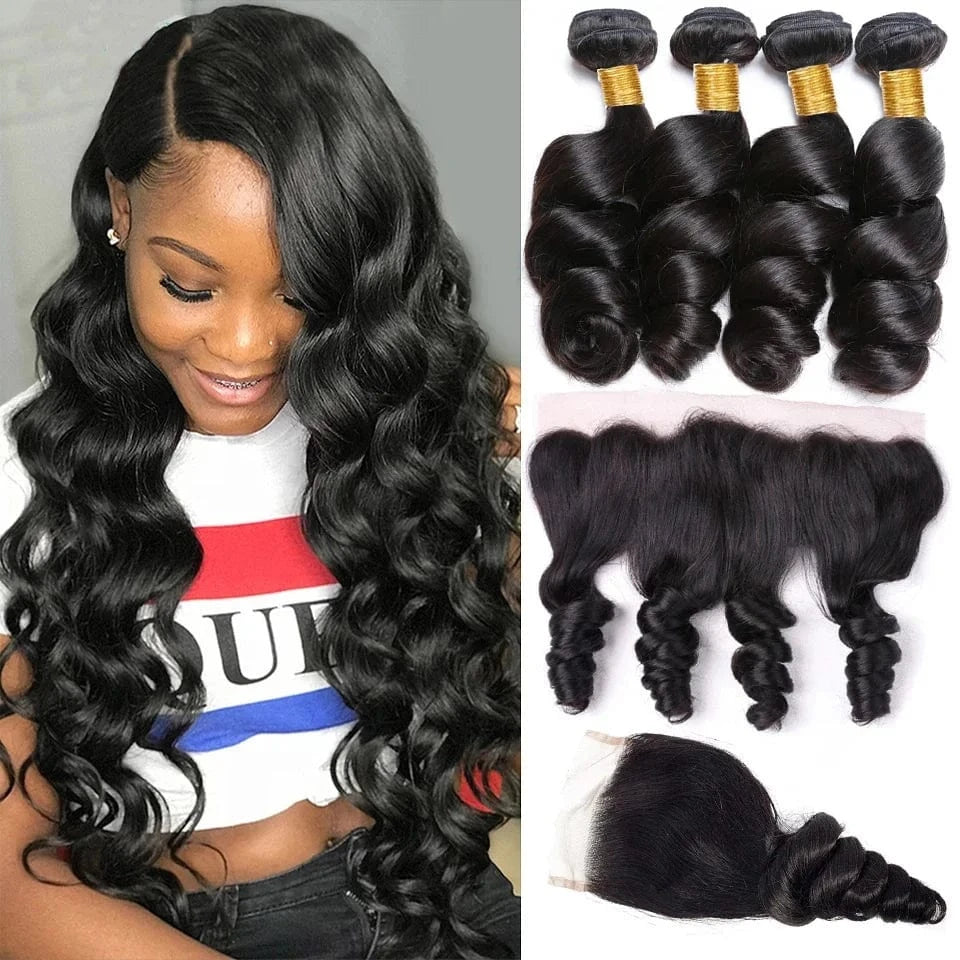 32 Inches / loose deep wave AngelBella Human Hair Blend Bundles With Closure High Quality Brazilian Hair Bundles Women Wig Hats Hair Extensions
