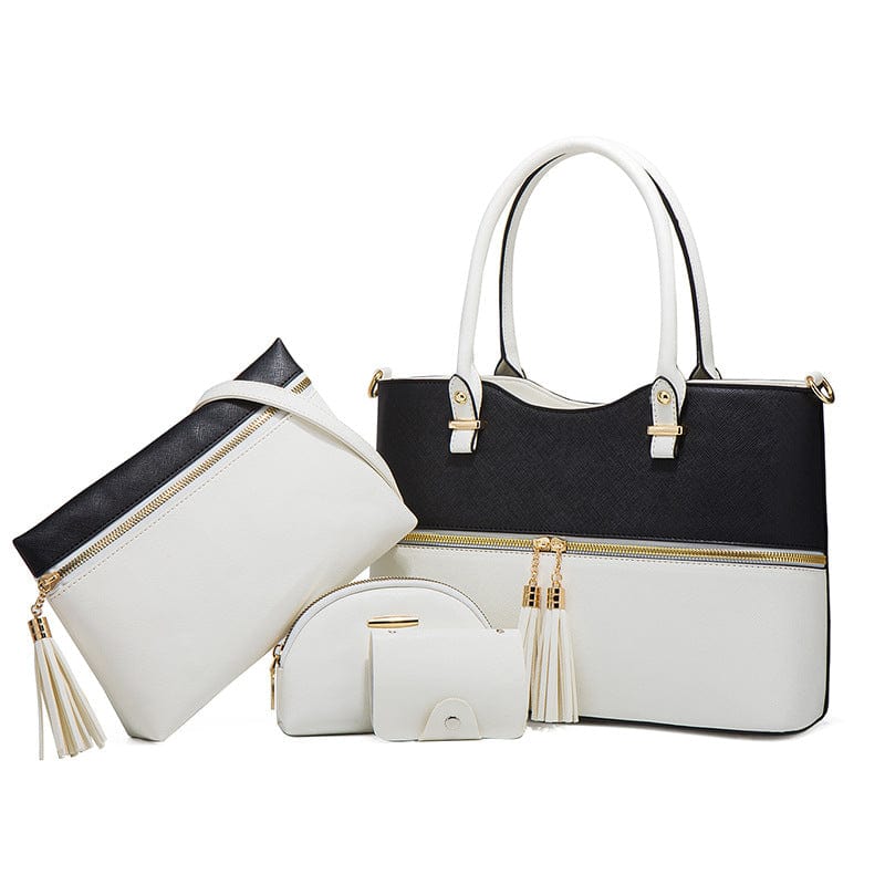 33*13*23cm / Black+white Hot Selling purse tote bag shoulder bag 4 pieces one set retro style pu leather lady handbag set