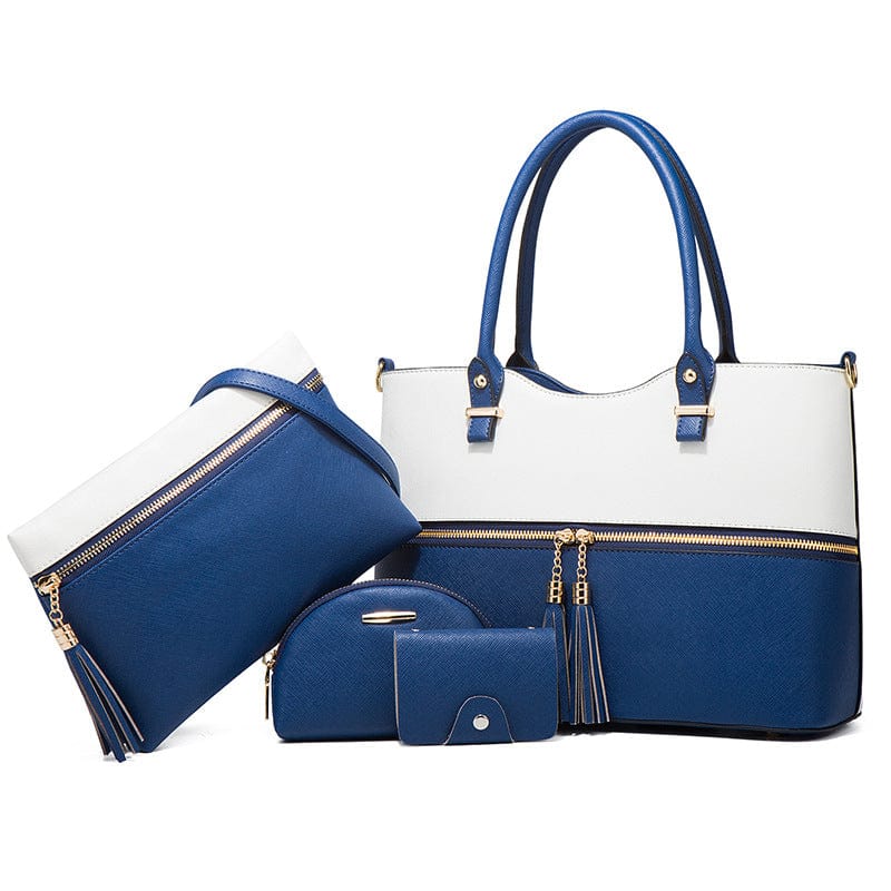 33*13*23cm / Blue+white Hot Selling purse tote bag shoulder bag 4 pieces one set retro style pu leather lady handbag set