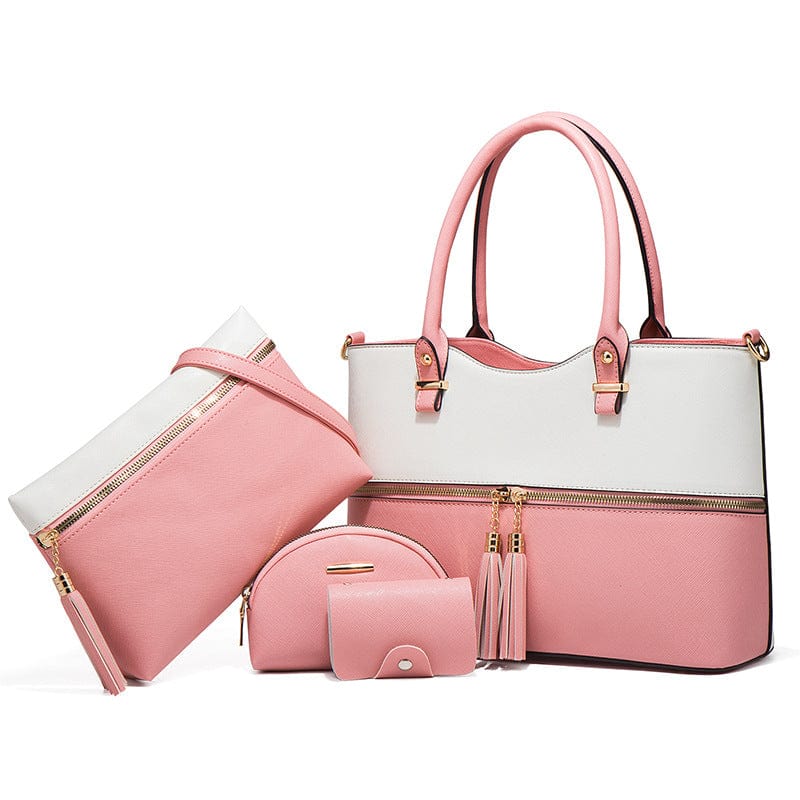 33*13*23cm / Pink + white Hot Selling purse tote bag shoulder bag 4 pieces one set retro style pu leather lady handbag set