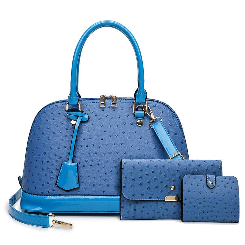 33*15*21cm / Sky Blue Ostrich Pattern Pillow Shape Handbag Tote Bags for Women Ladies Genuine Leather PU or Customized 3 Pcs Vintage Handbag